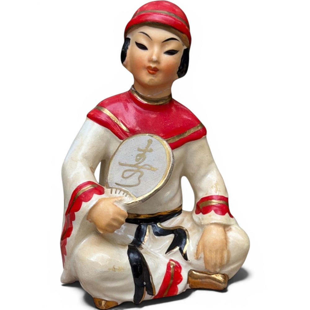 Norcrest Fine China Asian Woman Figurine Seated Fan F26 Gold Mid Century Japan